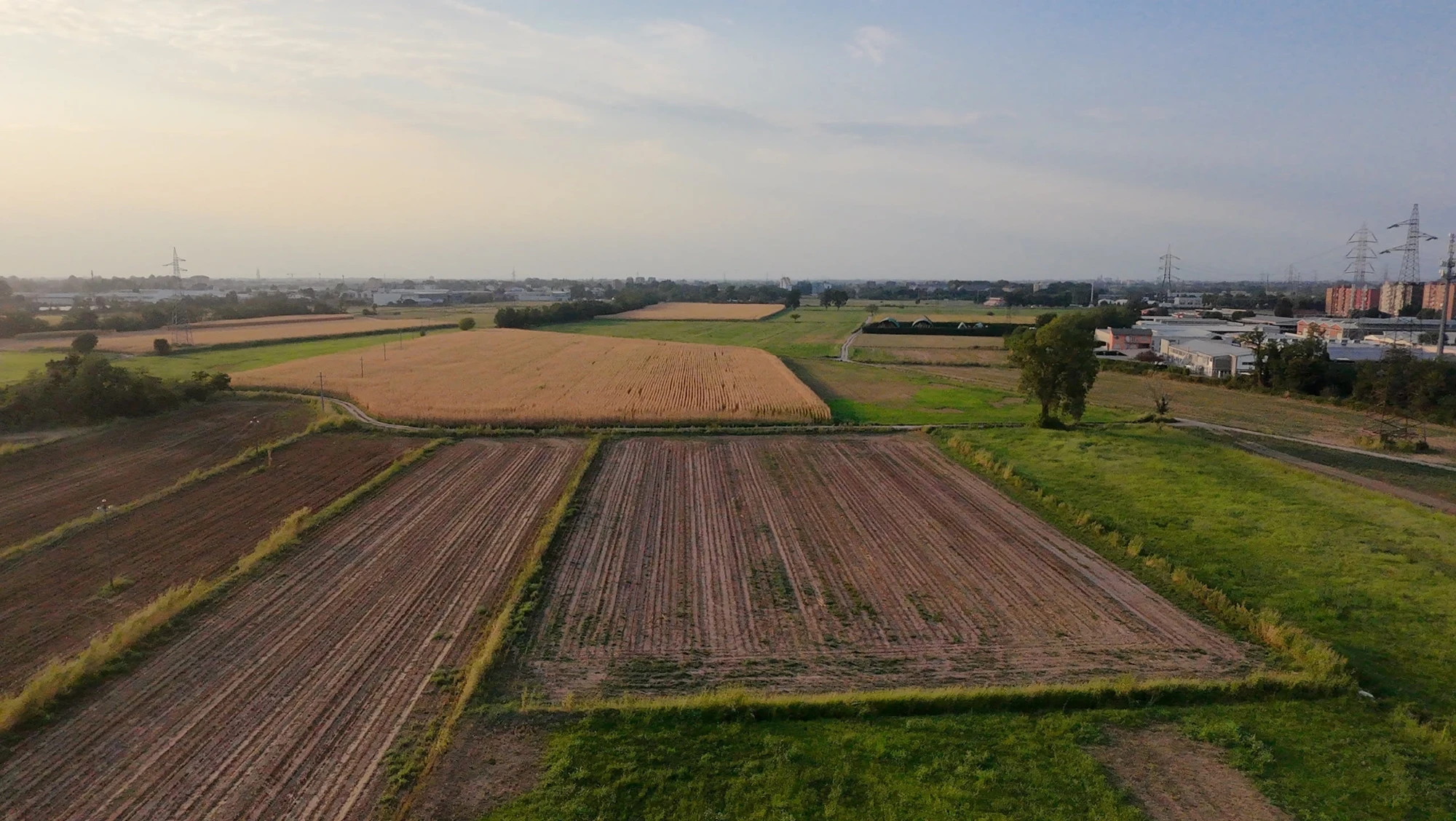 Veduta aerea dei campi della fattoria alle porte di Milano