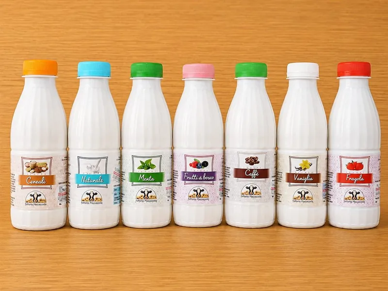 Le bottiglie di yogurt da bere della Fattoria Maccazzola nei sette gusti